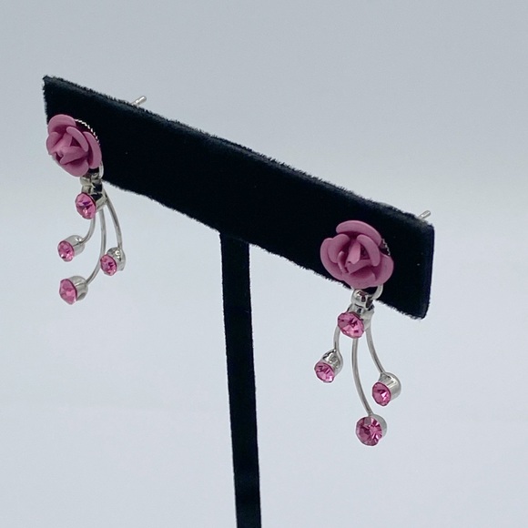 Pink Rose Rhinestone Dangle Earrings - Picture 2 of 6
